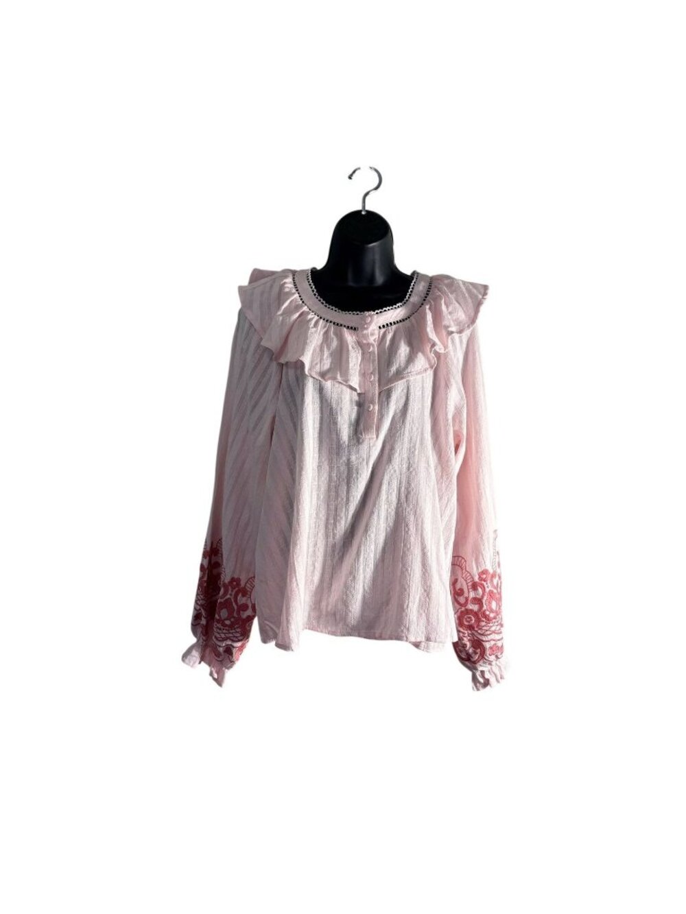 Pink Ruffle Long Sleeve Blouse With Embroidered Sleeves By Savannah Jane - Picture 2 of 8